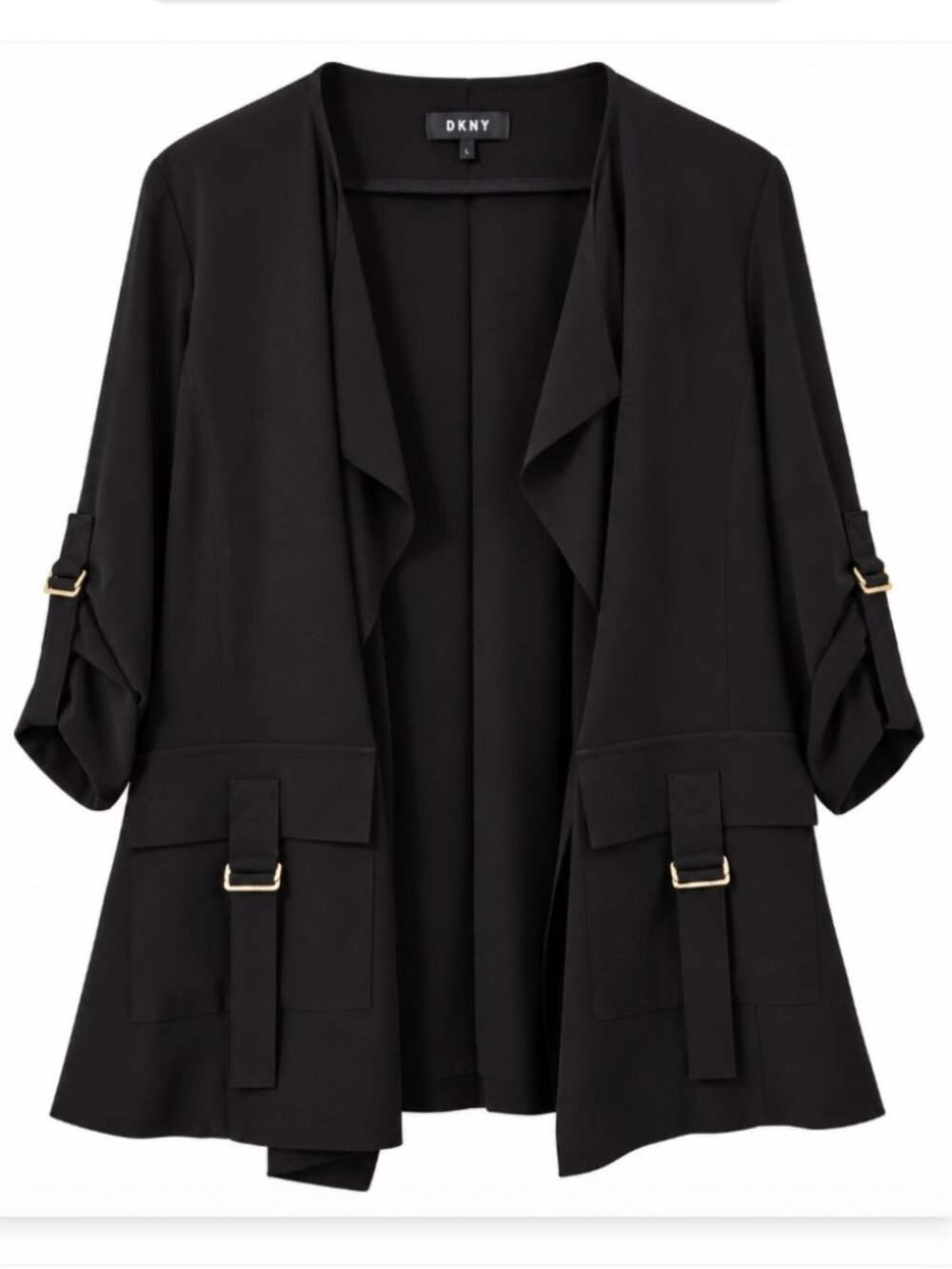 DKNY Black Draped‎ Collar Pockets Open Front Jacket Women's L NWT